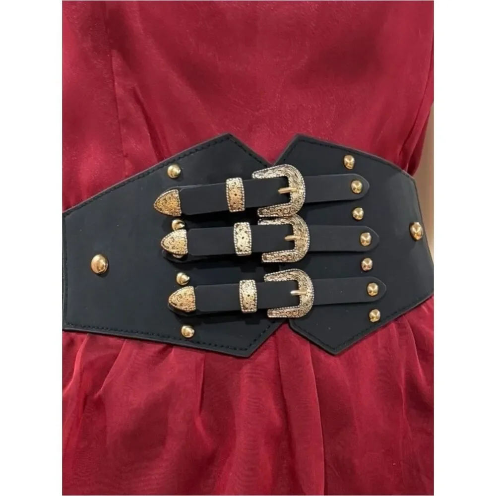 Black Gold Triple Buckle Studded Wide Statement Belt Western NWT